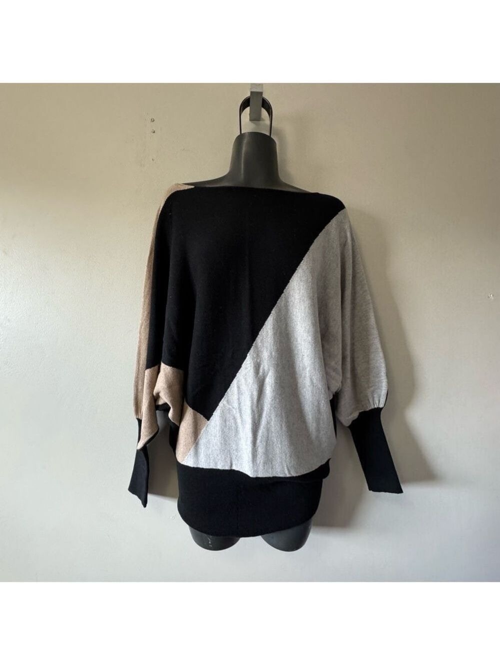 Joseph Black and Tan Crew Neck Sweater with Asymmetrical Design, Batwing sleeve